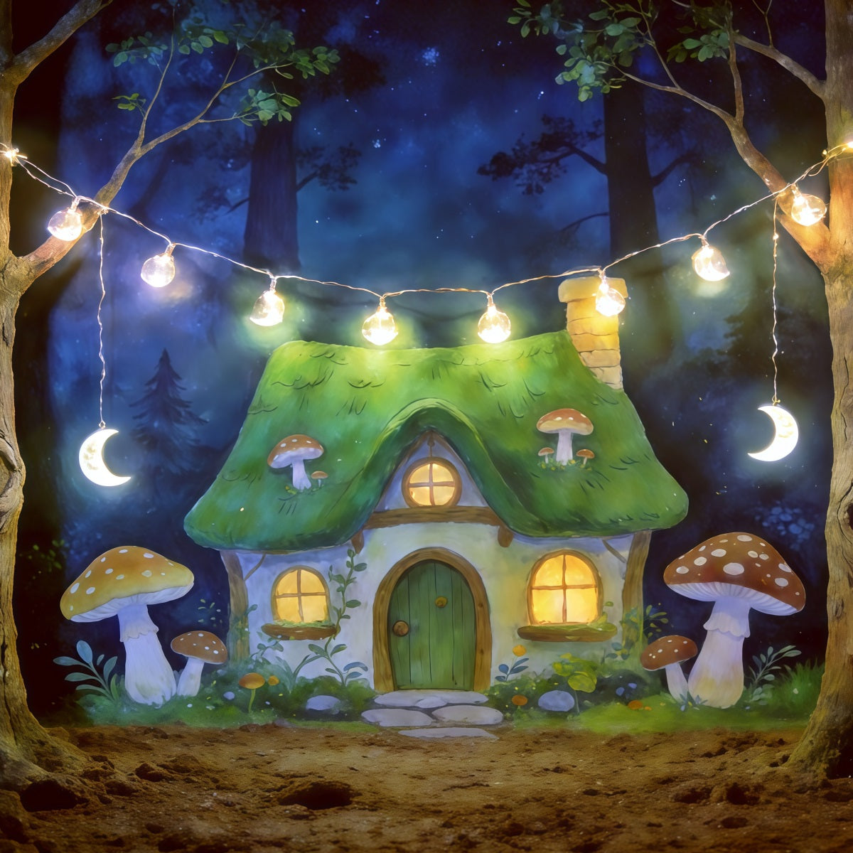 Toile de Fond Forêt Dessin Animé Lumières Cottage Champignons Clair De Lune CSH61-213