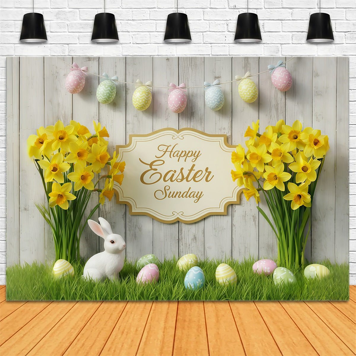 Fond de Pâques Bois Rustique Lapin Jonquilles CSH61-4
