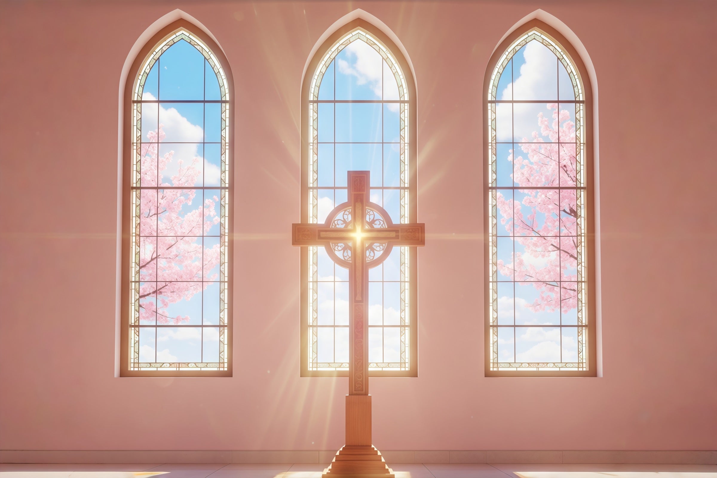 Toile de fond Pâques Fenêtres Église Baignées De Soleil Croix CSH61-6