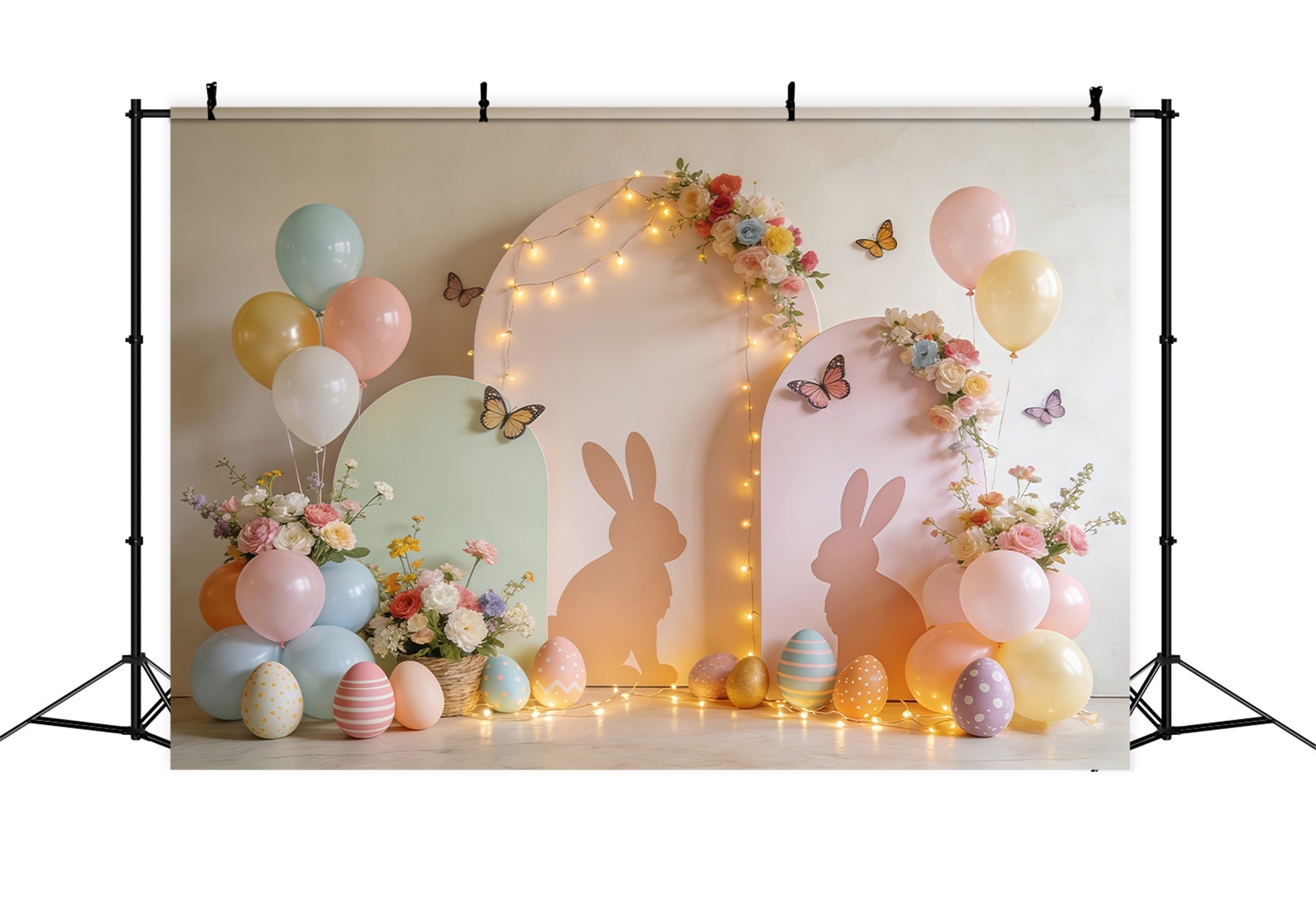 Fond de Pâques Arche Lapin Ballons Jardin Pastel CSH61-72