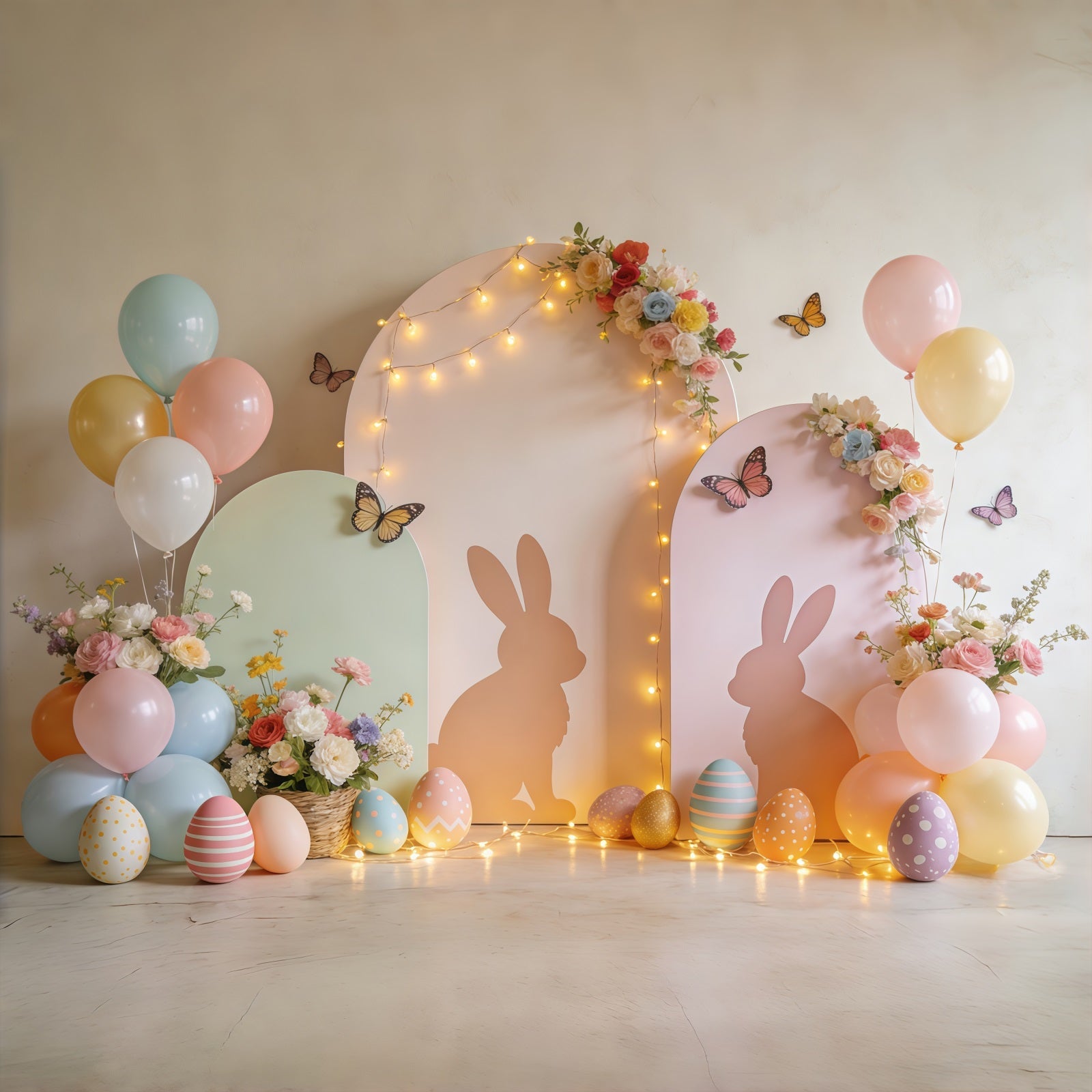 Fond de Pâques Arche Lapin Ballons Jardin Pastel CSH61-72