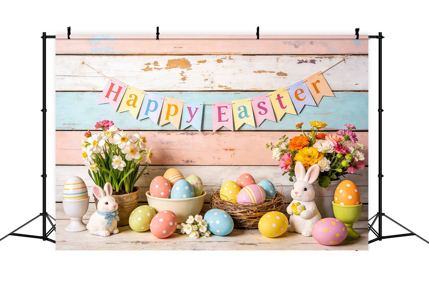 Fond Photo Pâques Bannière Lapins Œufs Fleurs CSH61-81
