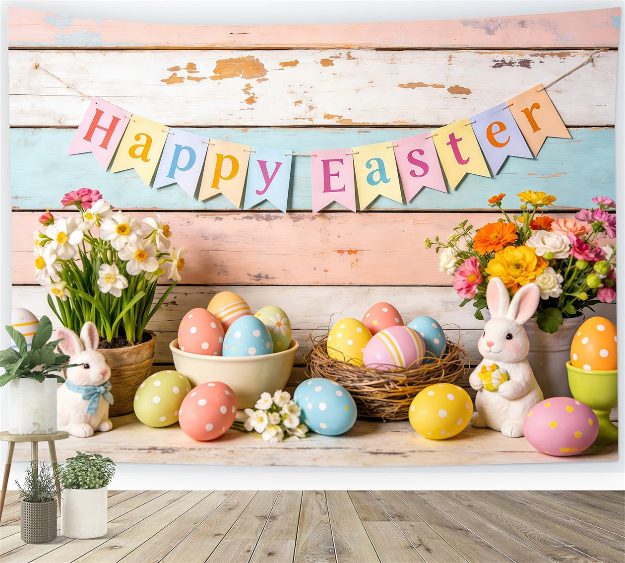 Fond Photo Pâques Bannière Lapins Œufs Fleurs CSH61-81