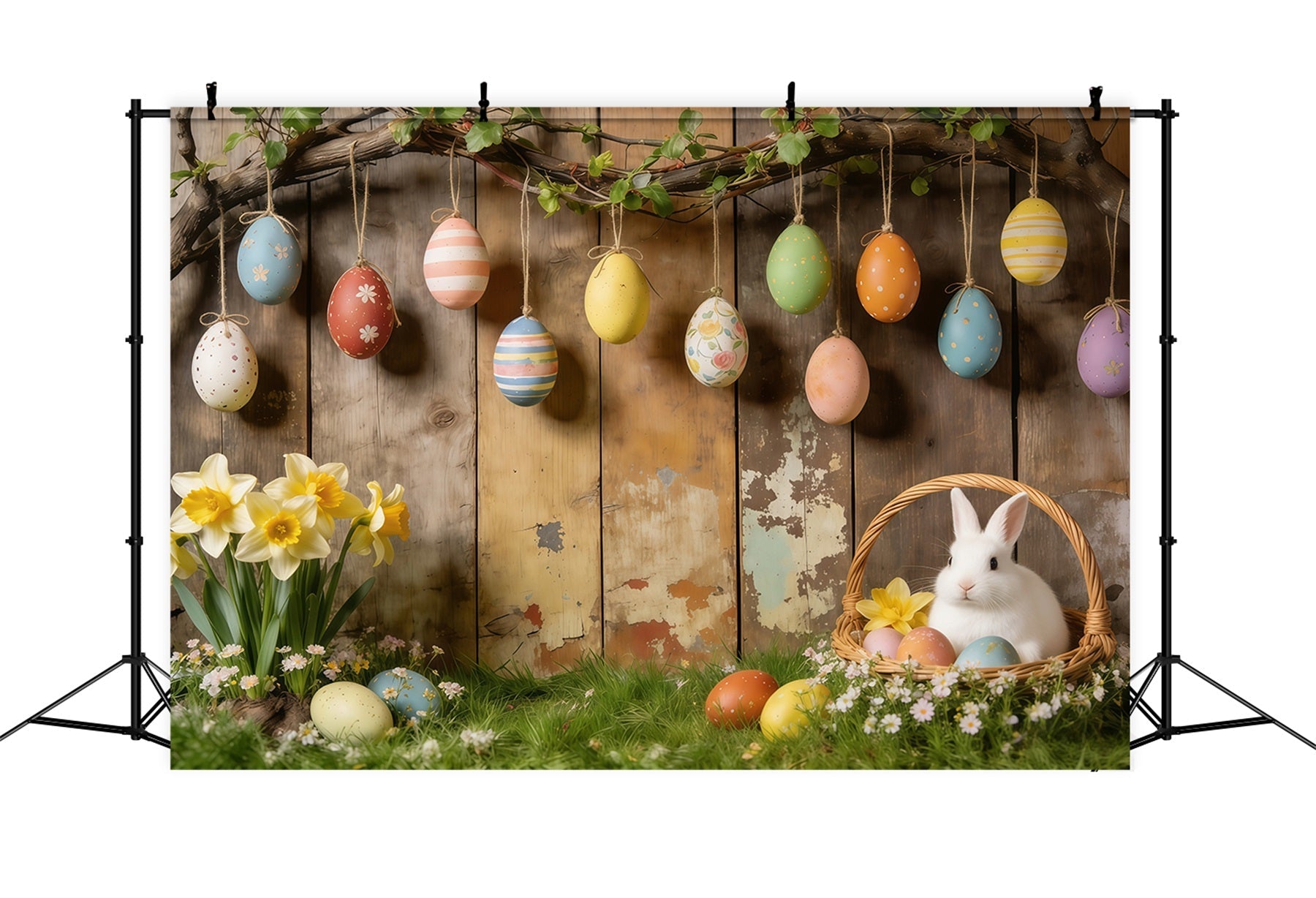 Toile de fond de Pâques Œufs Suspendus Panier Lapin Jonquilles CSH61-87