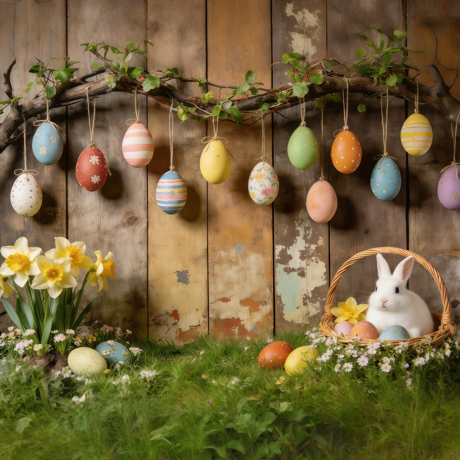 Toile de fond de Pâques Œufs Suspendus Panier Lapin Jonquilles CSH61-87