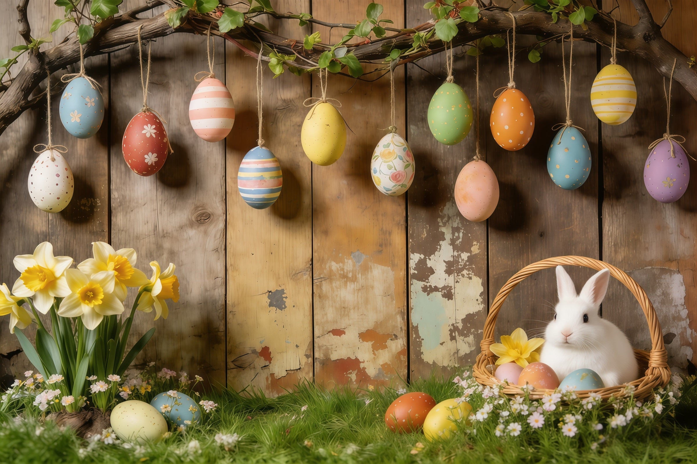 Toile de fond de Pâques Œufs Suspendus Panier Lapin Jonquilles CSH61-87