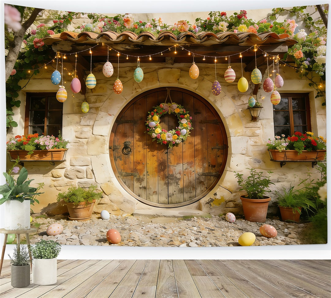 Fond de Pâques Maison Pierre Œufs Couronne Fleurs CSH61-88