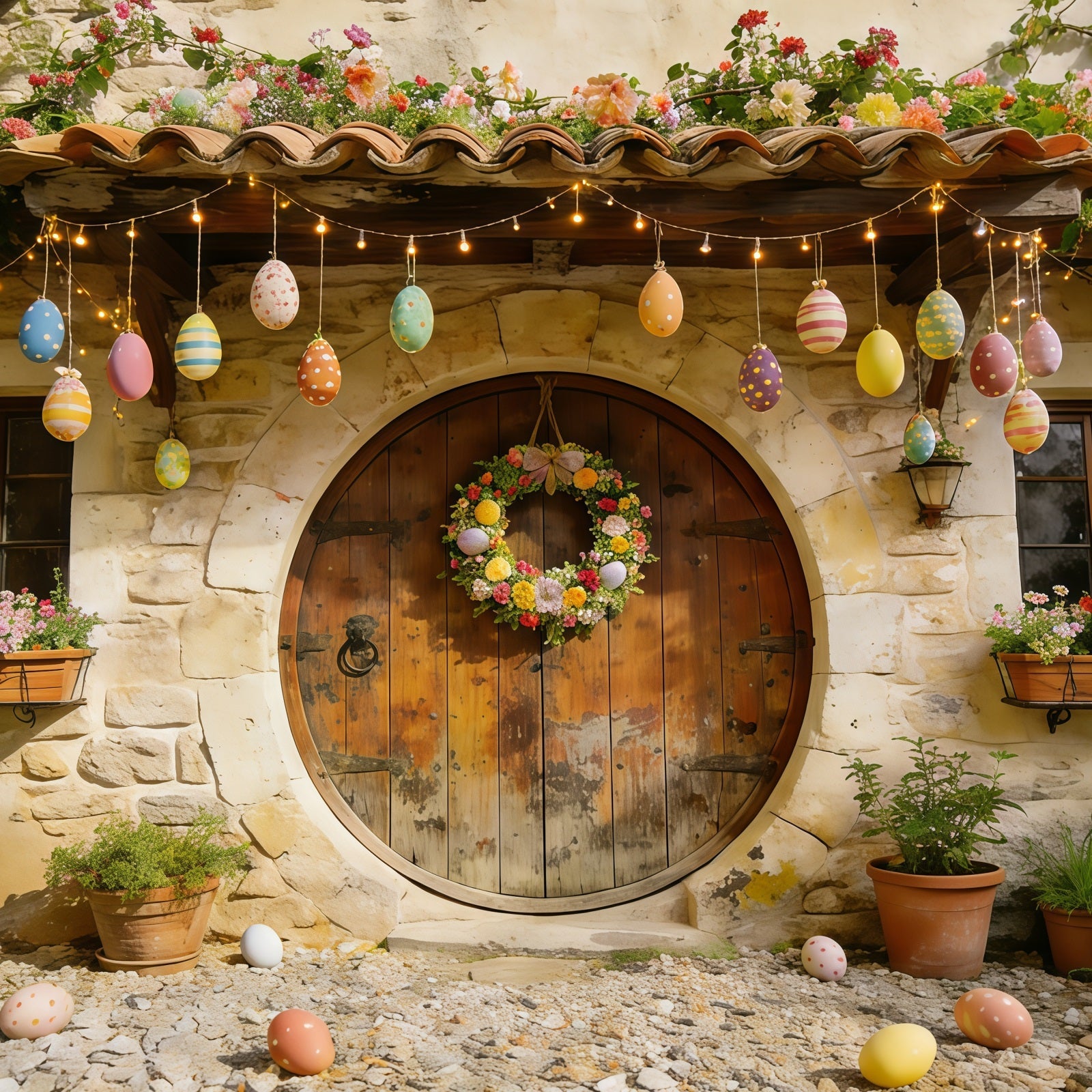 Fond de Pâques Maison Pierre Œufs Couronne Fleurs CSH61-88