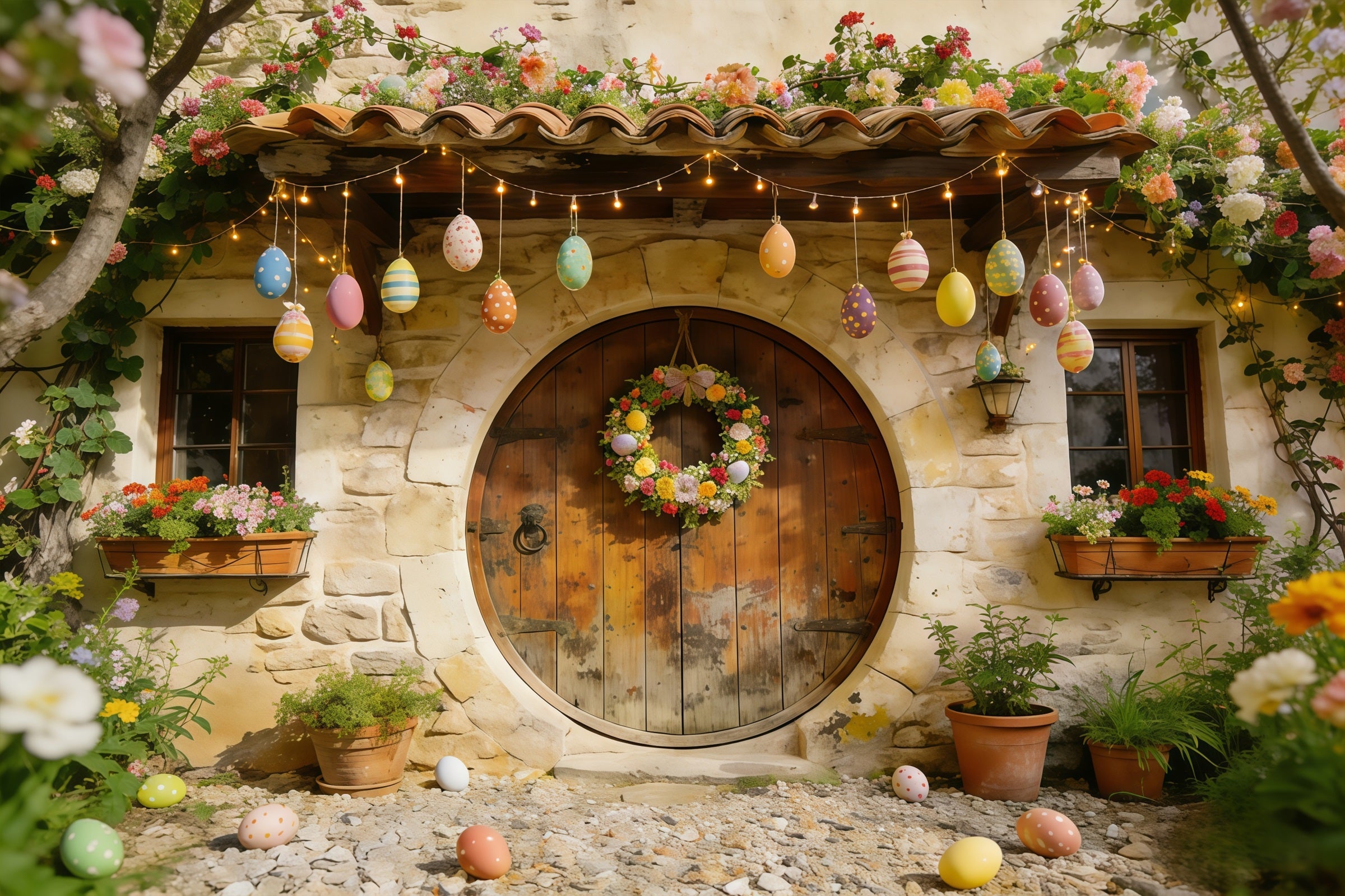 Fond de Pâques Maison Pierre Œufs Couronne Fleurs CSH61-88
