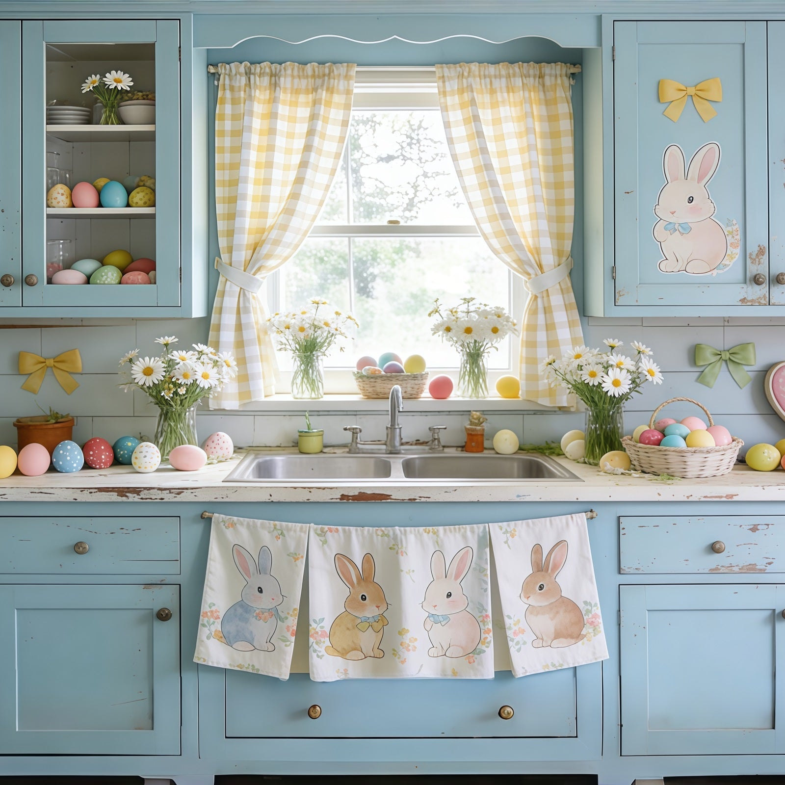 Toile de fond Pâques Buffet Bleu Lapin Œufs Marguerites CSH61-90