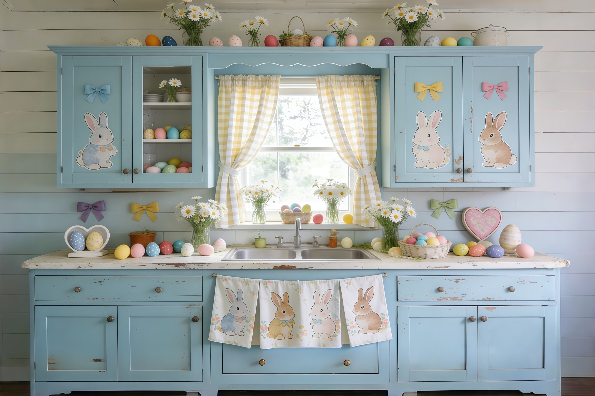 Toile de fond Pâques Buffet Bleu Lapin Œufs Marguerites CSH61-90