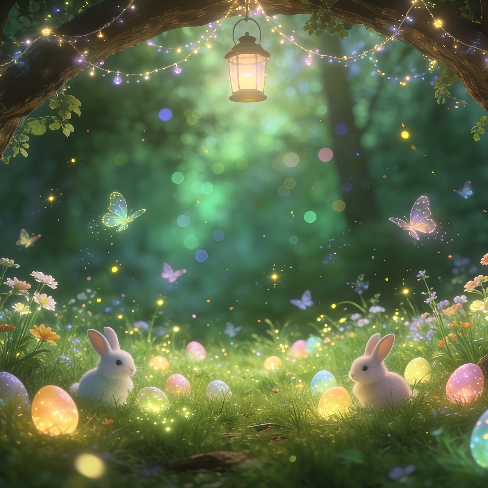 Toile de fond de Pâques Lapin Forêt Enchantée Œufs Lumineux CSH61-91