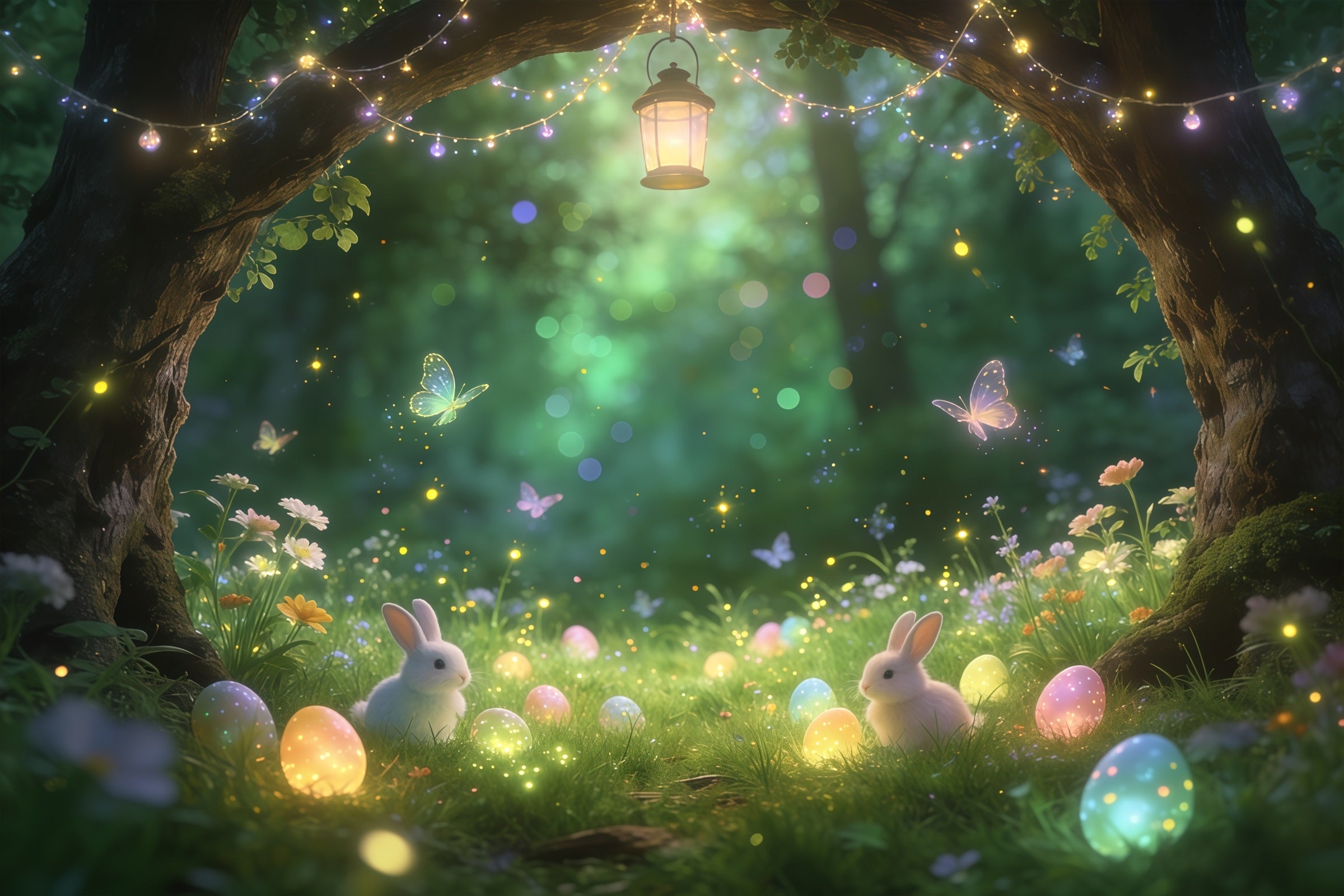 Toile de fond de Pâques Lapin Forêt Enchantée Œufs Lumineux CSH61-91