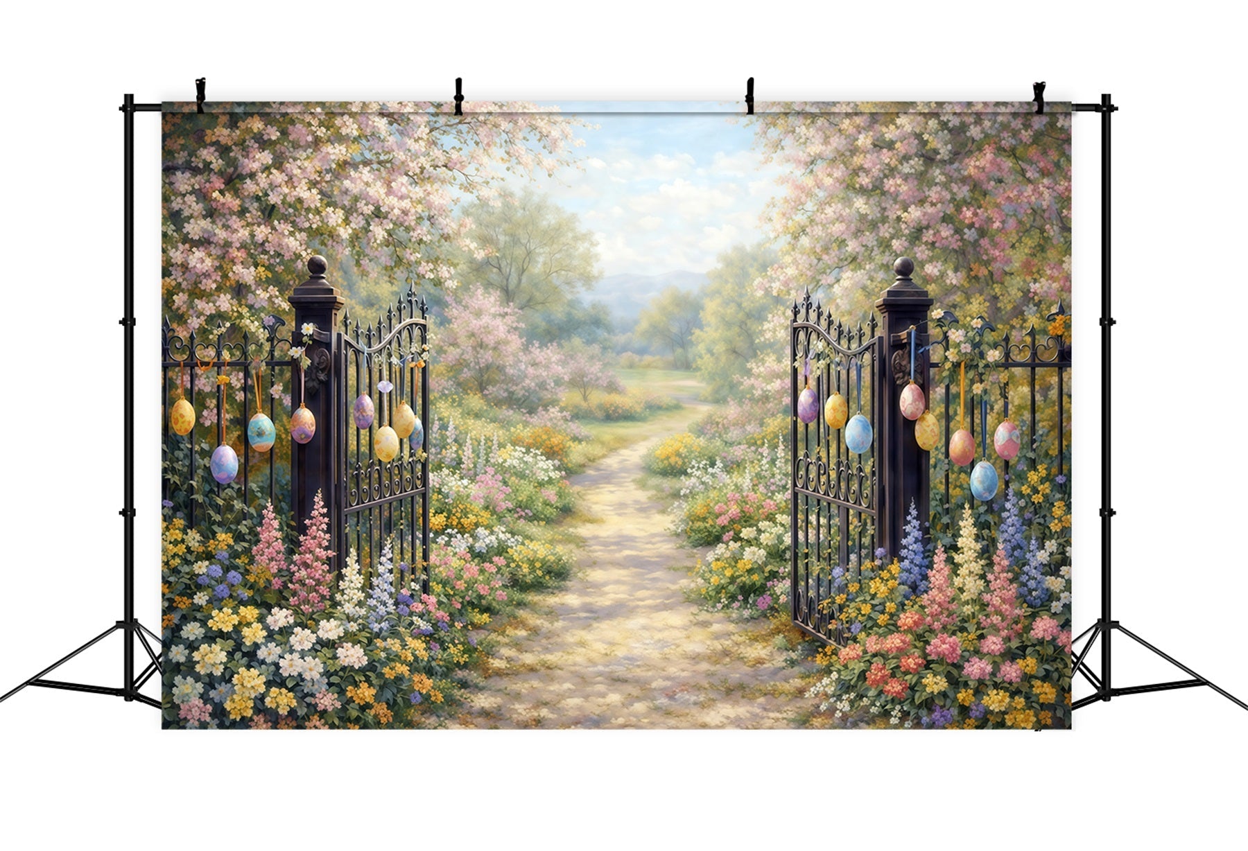 Fond Photo Pâques Portail Jardin Chemin Fleurs Cerisier Œufs CSH61-93
