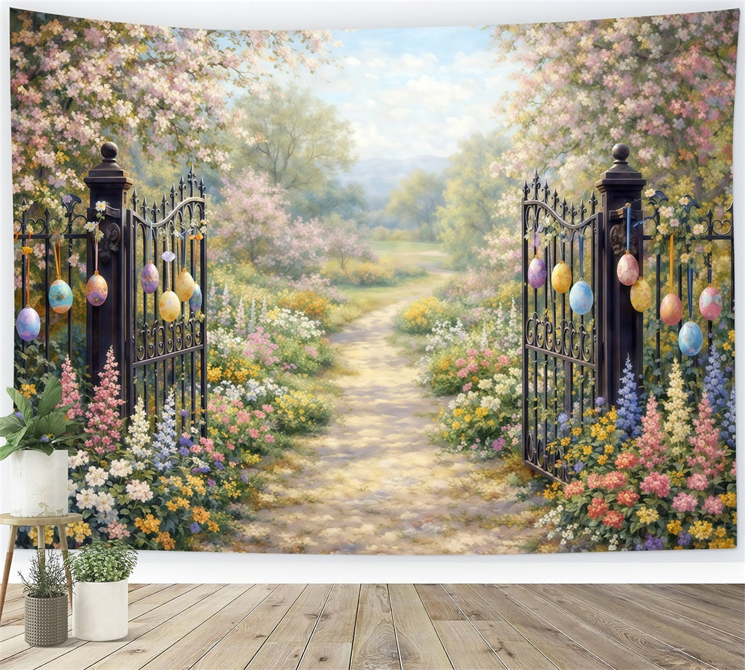 Fond Photo Pâques Portail Jardin Chemin Fleurs Cerisier Œufs CSH61-93