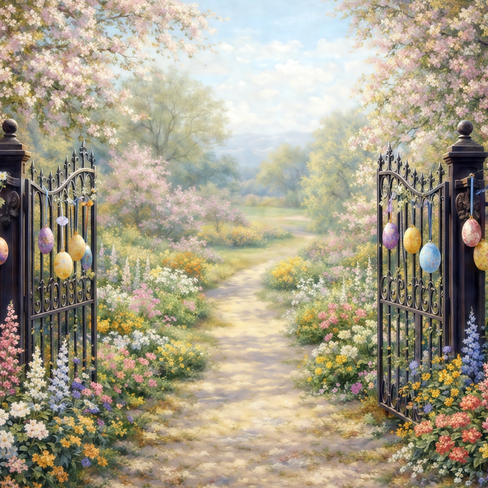 Fond Photo Pâques Portail Jardin Chemin Fleurs Cerisier Œufs CSH61-93