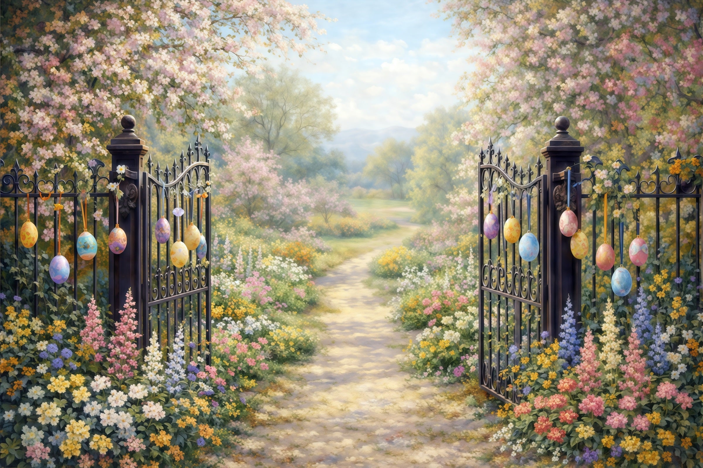 Fond Photo Pâques Portail Jardin Chemin Fleurs Cerisier Œufs CSH61-93