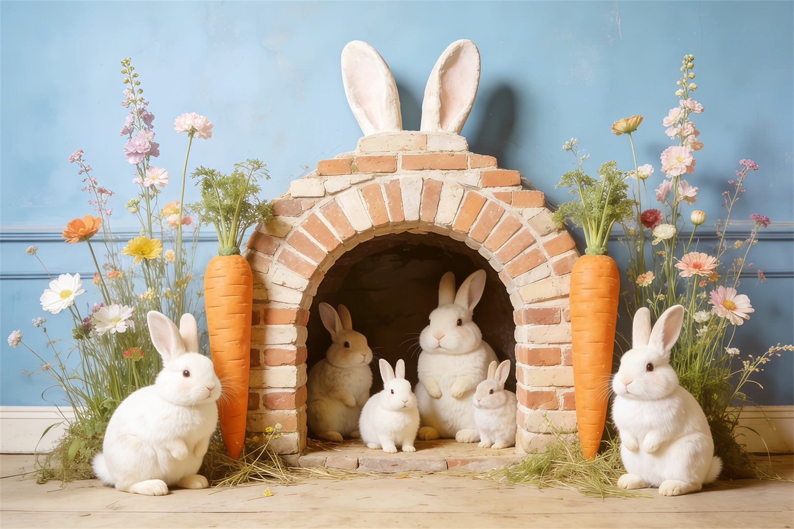 Toile de fond Pâques Maison Famille Lapin Carotte CSH62-108