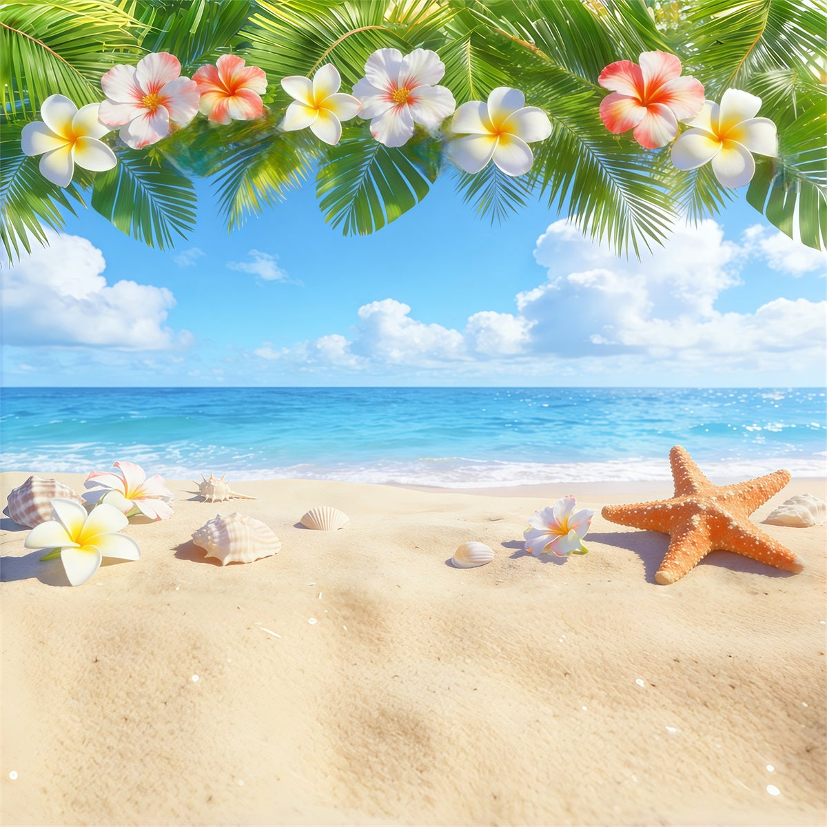 Toile de fond Photo Ciel Plage Tropicale Plumeria Coquillages CSH62-127