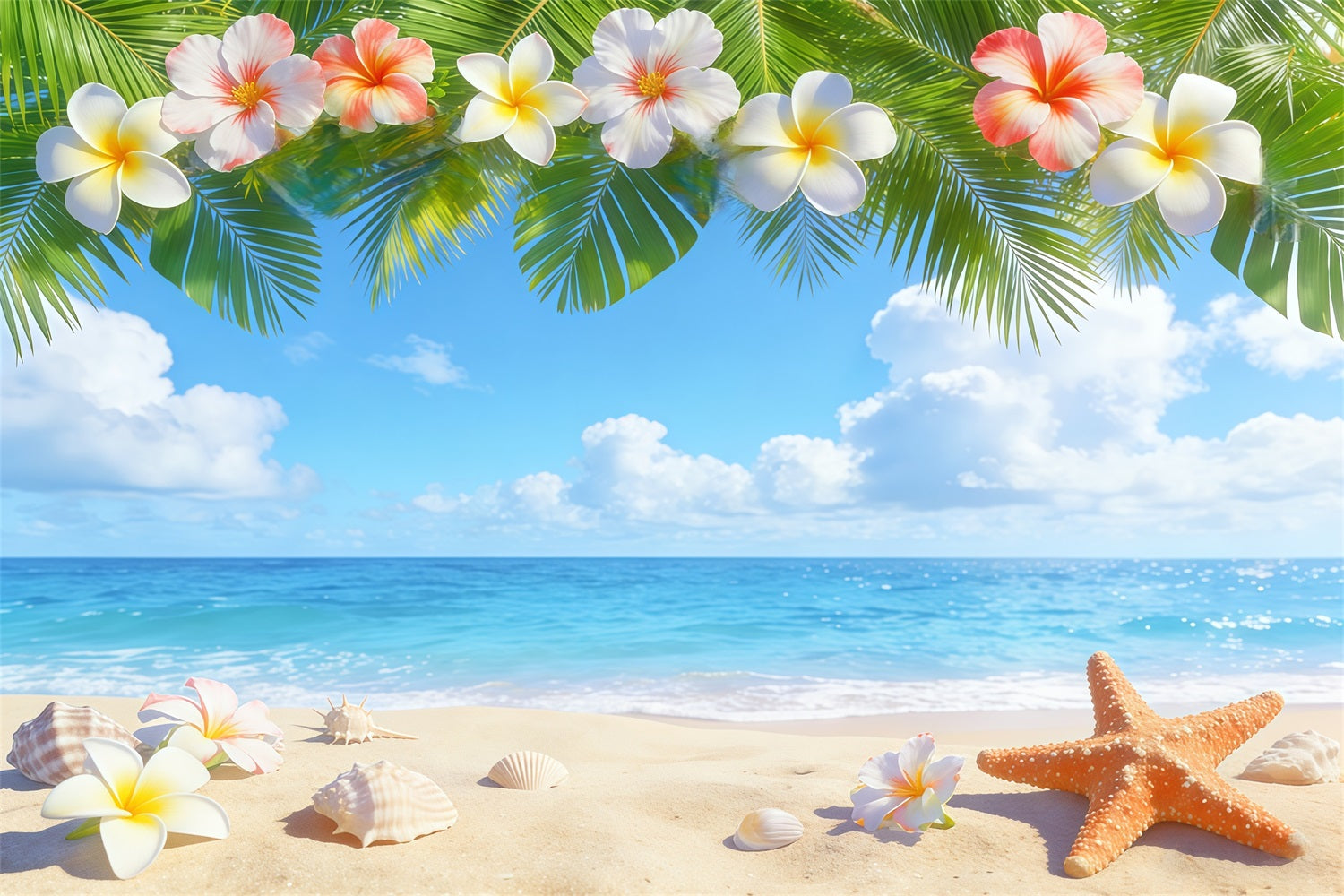 Toile de fond Photo Ciel Plage Tropicale Plumeria Coquillages CSH62-127