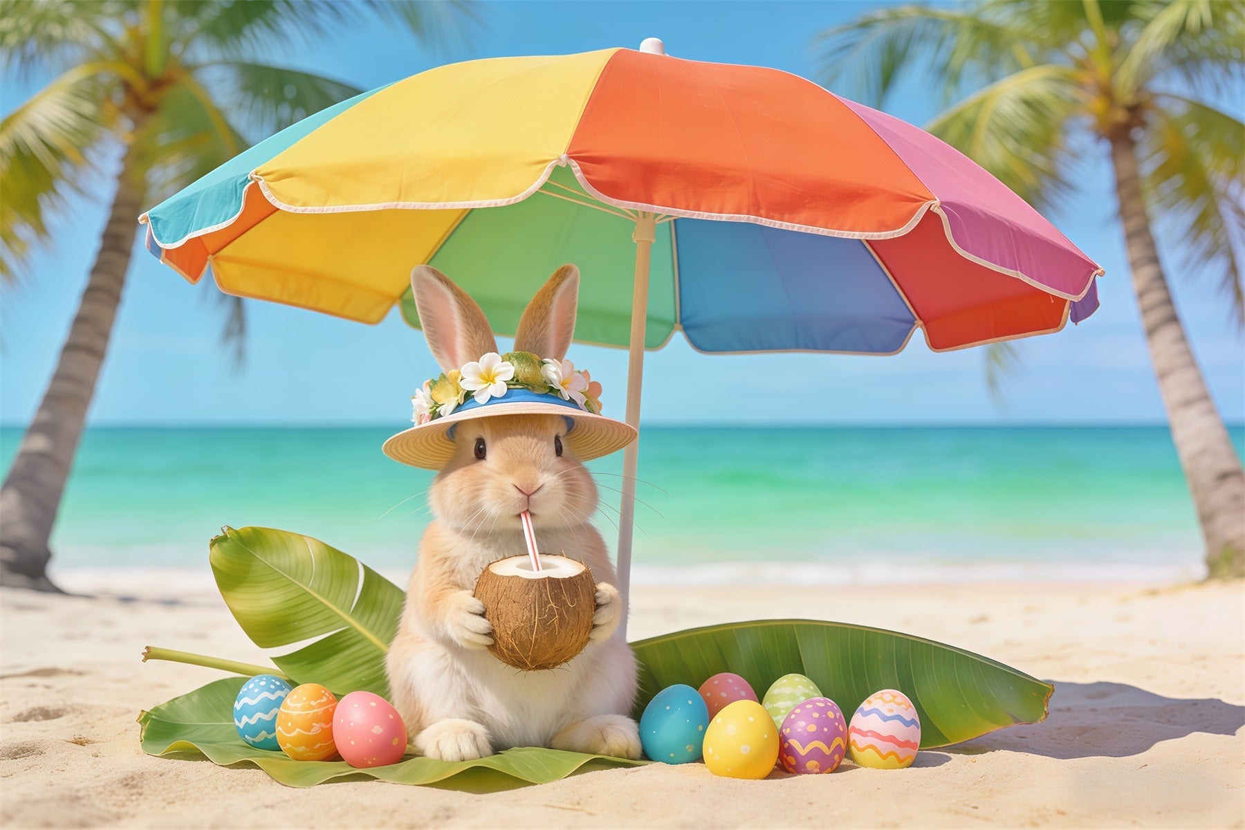 Fond Photo Pâques Lapin Plage Noix De Coco Œufs CSH62-61