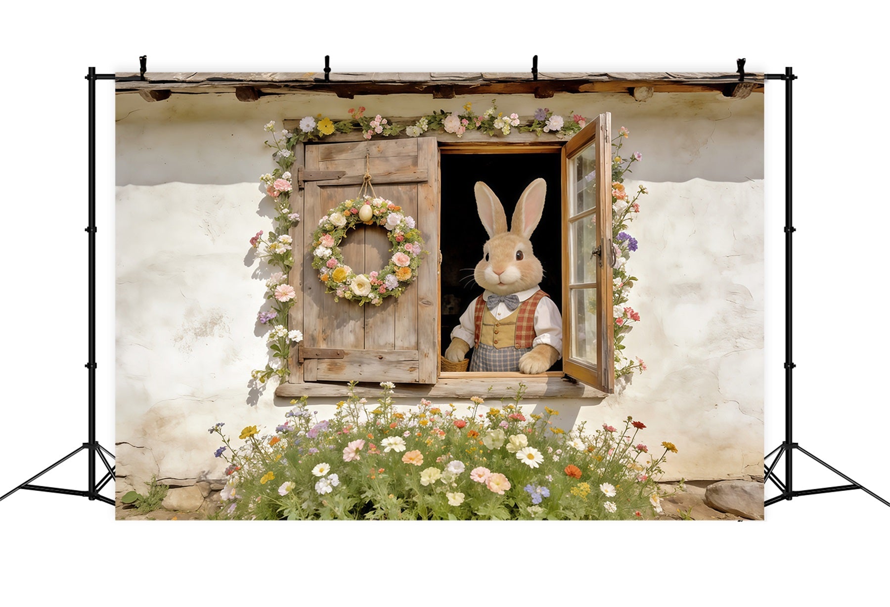 Toile de fond Photo Pâques Fenêtre Lapin Couronne Florale CSH62-74