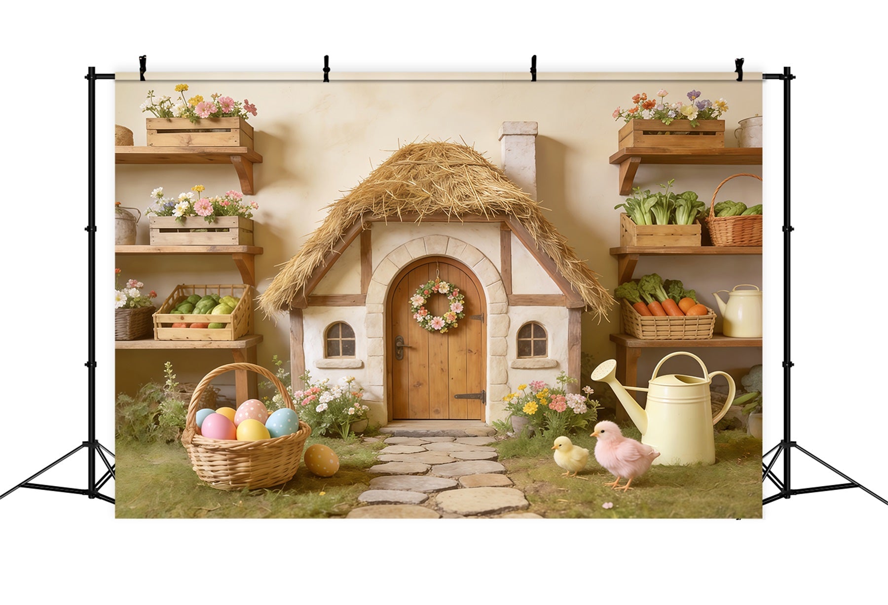 Fond Studio Pâques Cottage Toit De Chaume Panier Œufs CSH62-87
