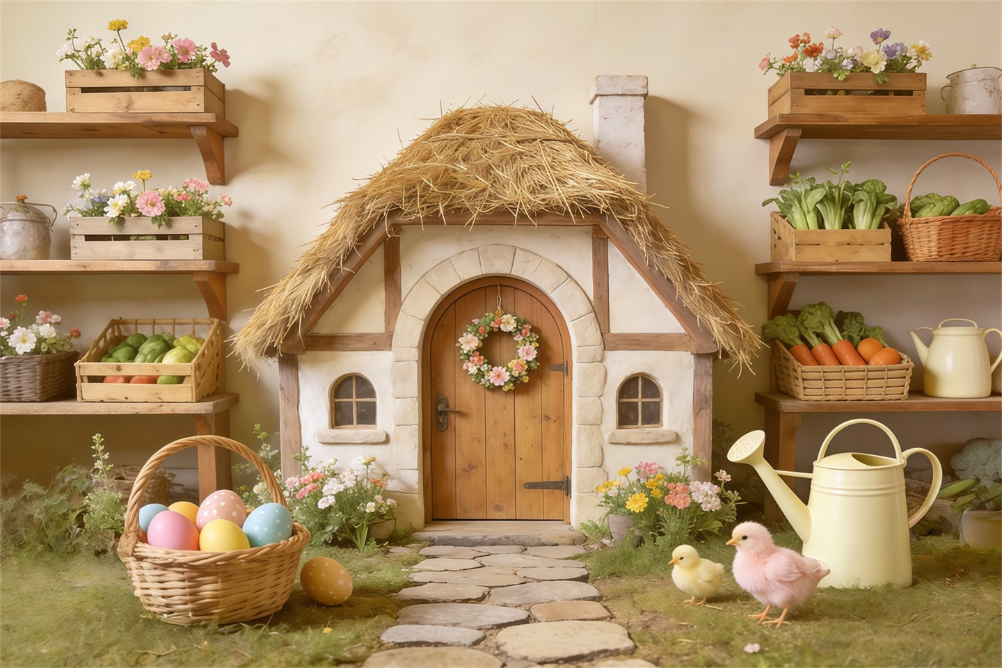 Fond Studio Pâques Cottage Toit De Chaume Panier Œufs CSH62-87