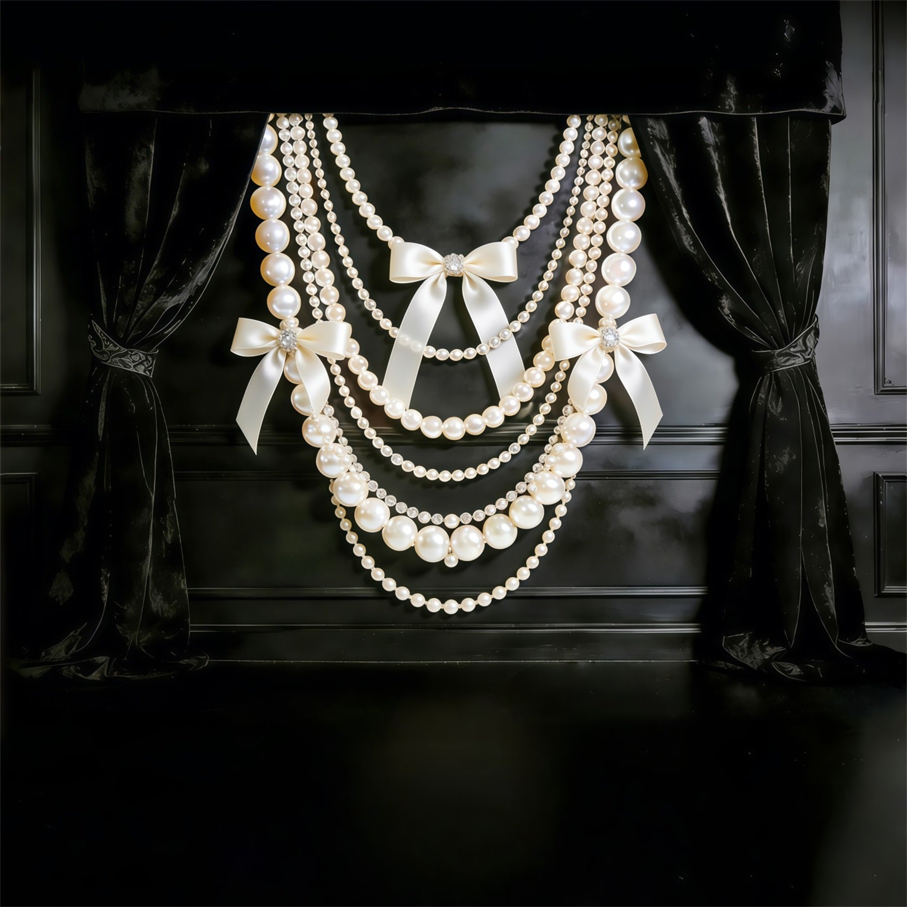 Fond Fête des Mères Nœud Ruban Velours Noir Perles Drapées CSH63-71