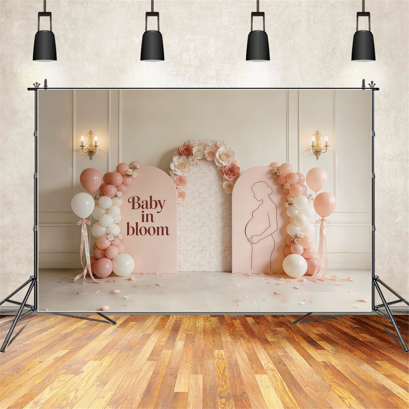 Fond Fête des Mères Silhouette Mère Fille Arche Florale et Ballons Poudrés CSH63-82