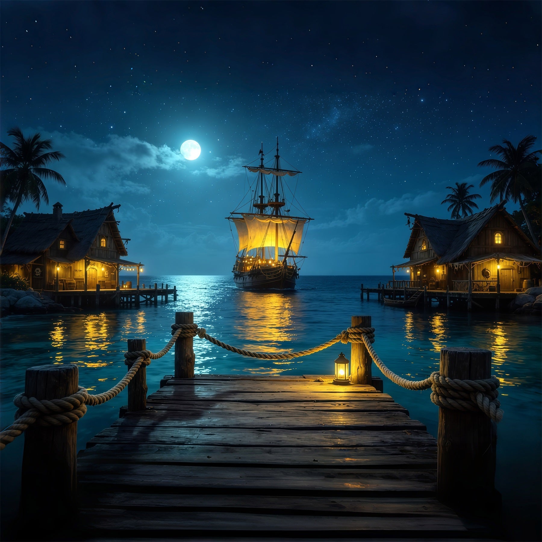 Fond Caraïbes Port Pirate au Clair de Lune Voilier Été CSH64-78