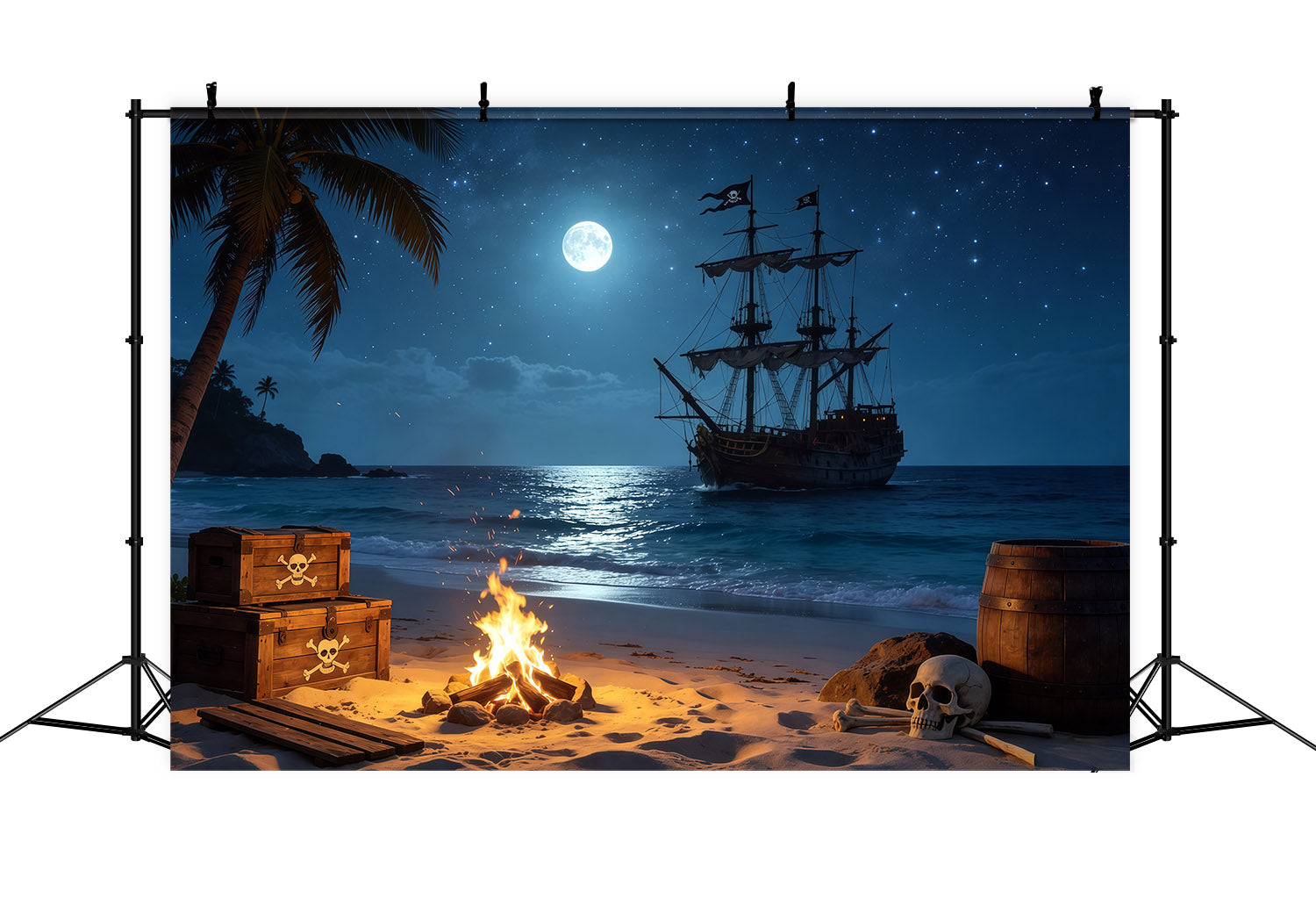 Fond Caraïbes Plage Pirate Tropicale Feu de Camp Trésor Été CSH64-79
