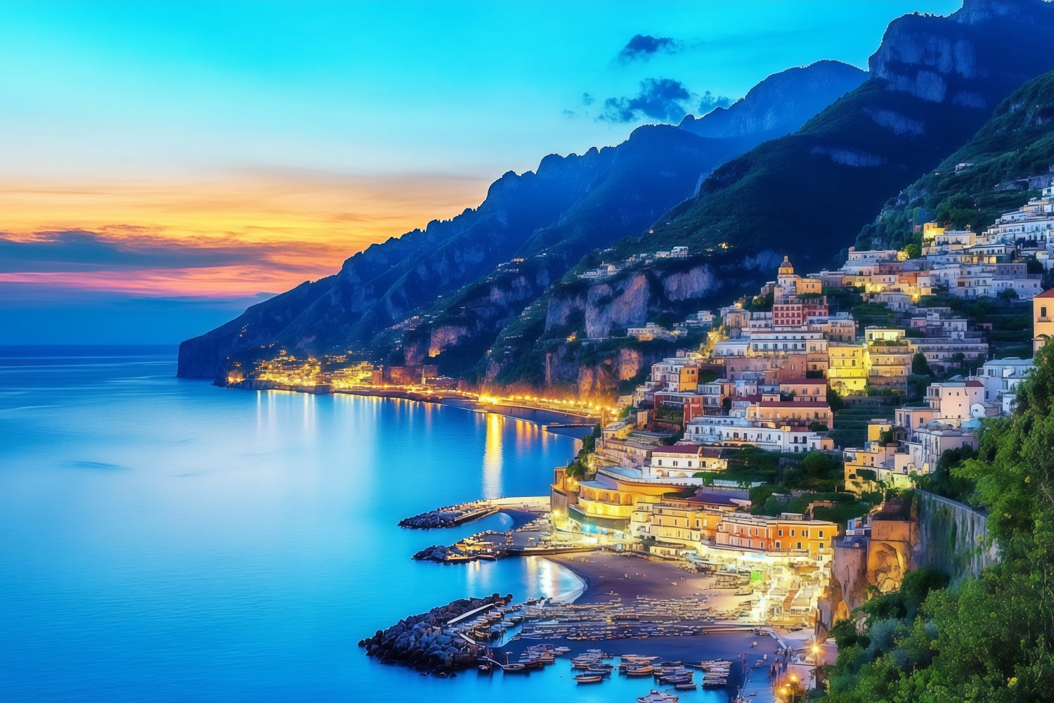 Fond Côte Amalfitaine Village de Positano Vue Coucher de Soleil Été CSH64-82