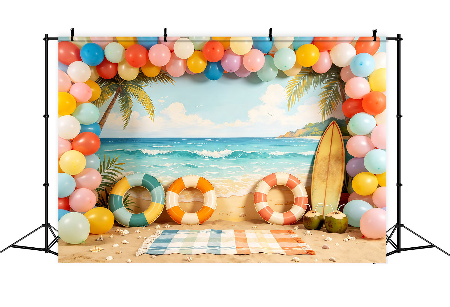 Fond Plage Arche de Ballons Pastel et Planche de Surf CSH64-84