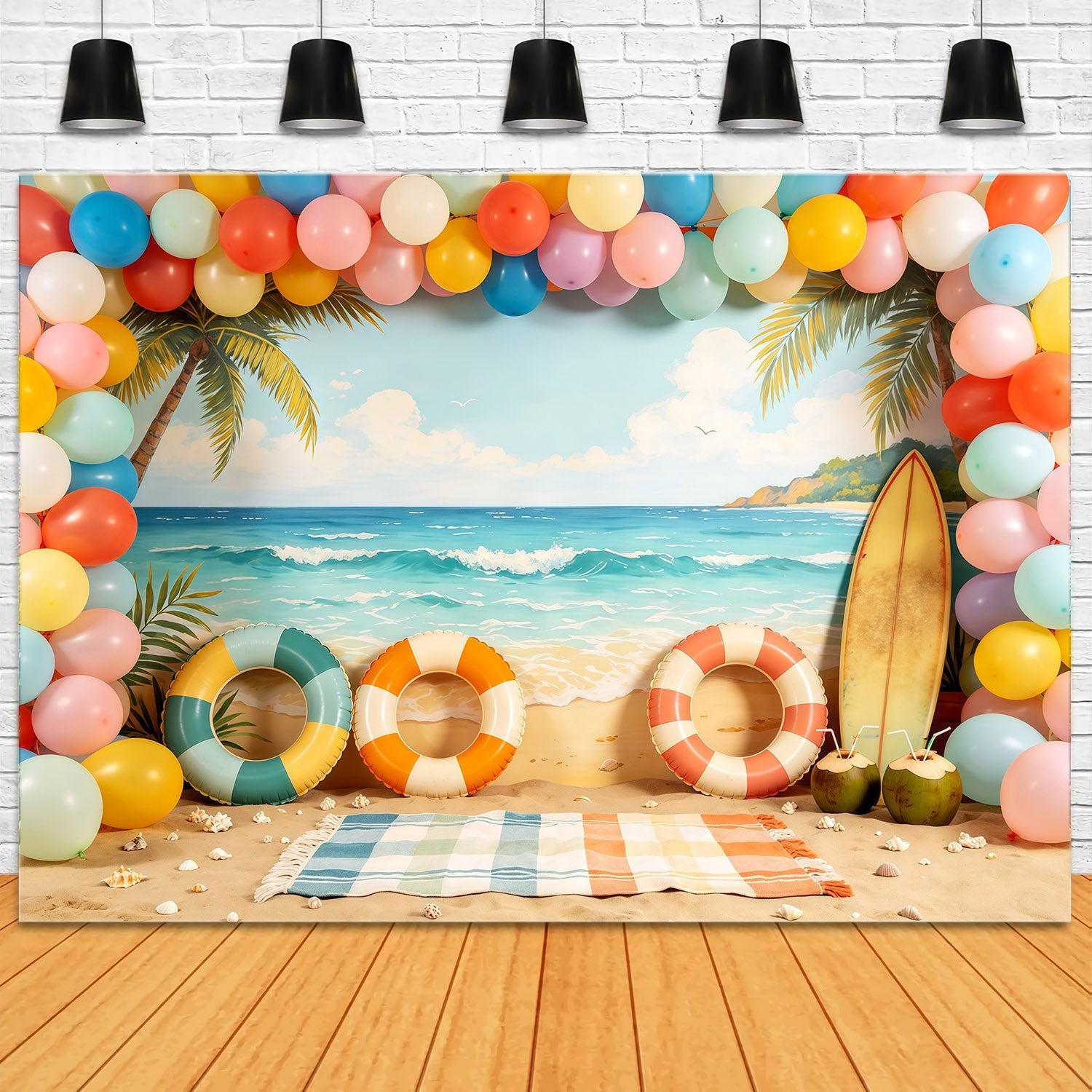 Fond Plage Arche de Ballons Pastel et Planche de Surf CSH64-84
