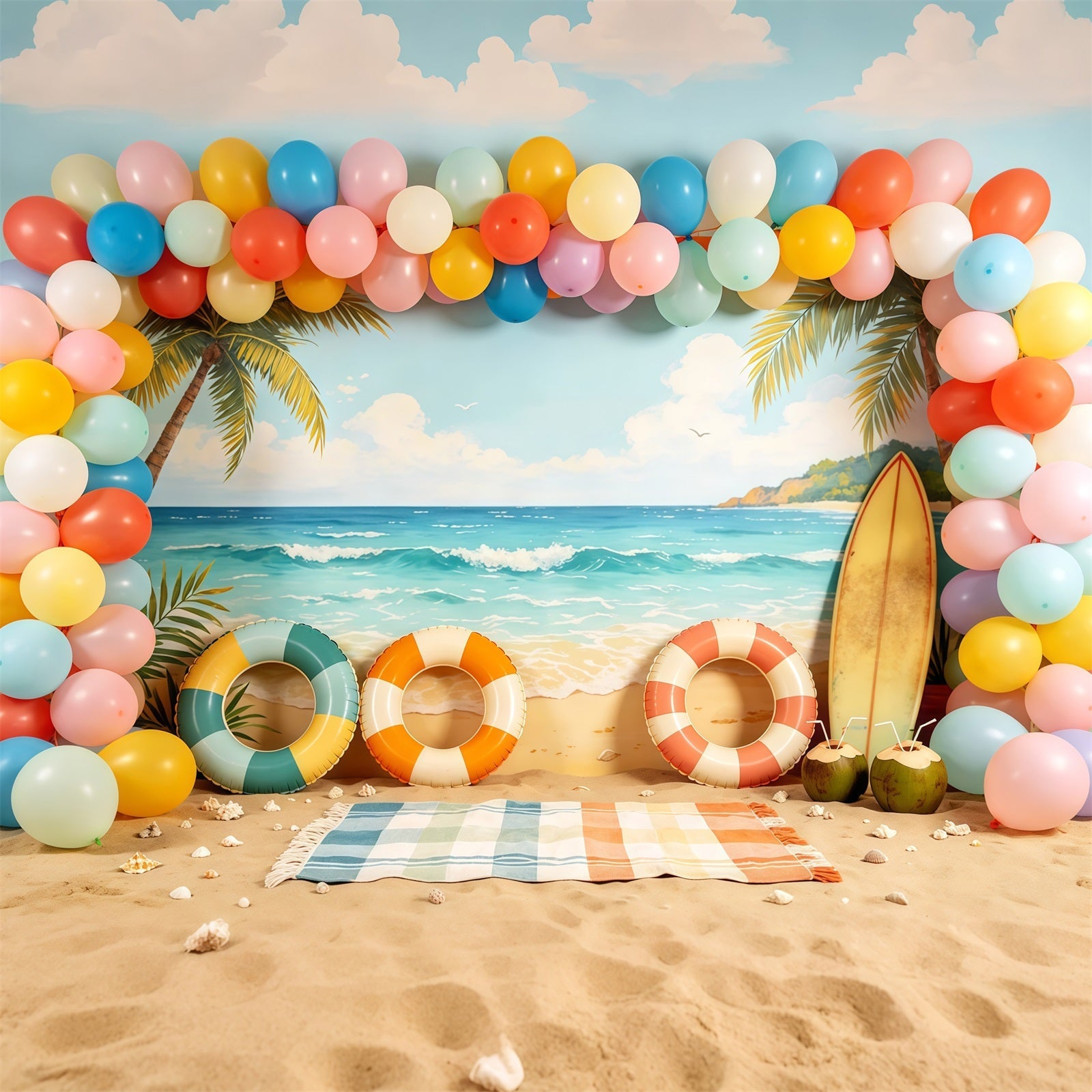 Fond Plage Arche de Ballons Pastel et Planche de Surf CSH64-84