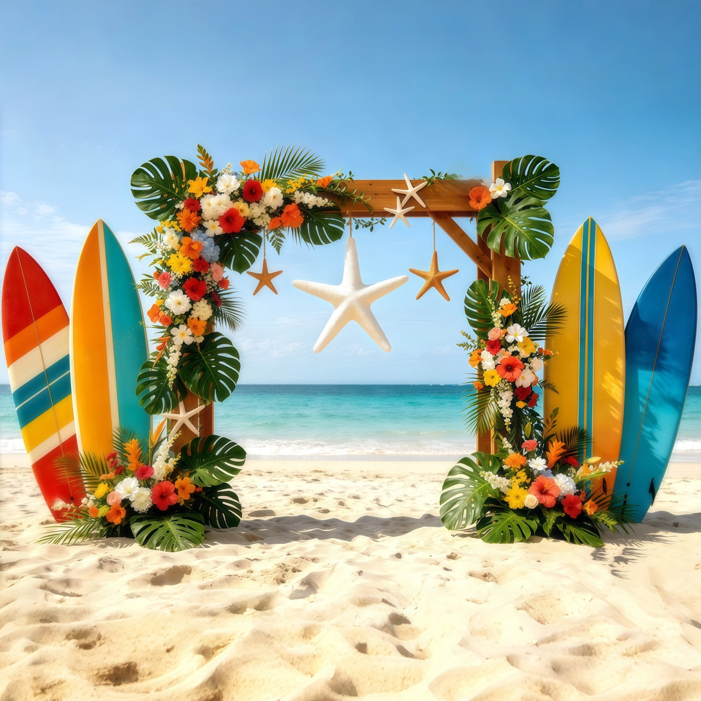 Fond Plage Tropicale Planche de Surf Fleurs Étoiles de Mer Arche CSH64-86