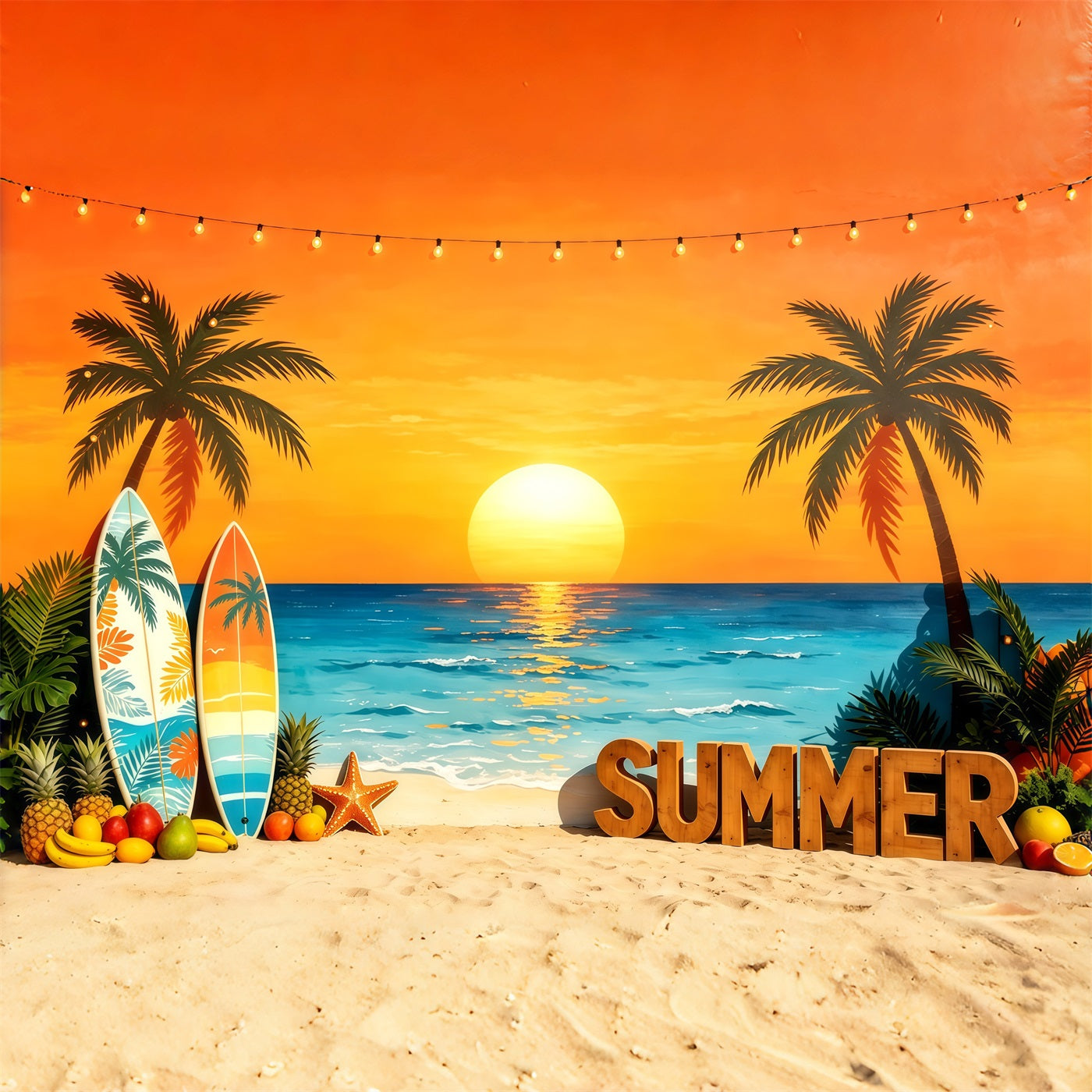 Fond Plage Coucher de Soleil Planche de Surf Fruits Tropicaux Été CSH64-90