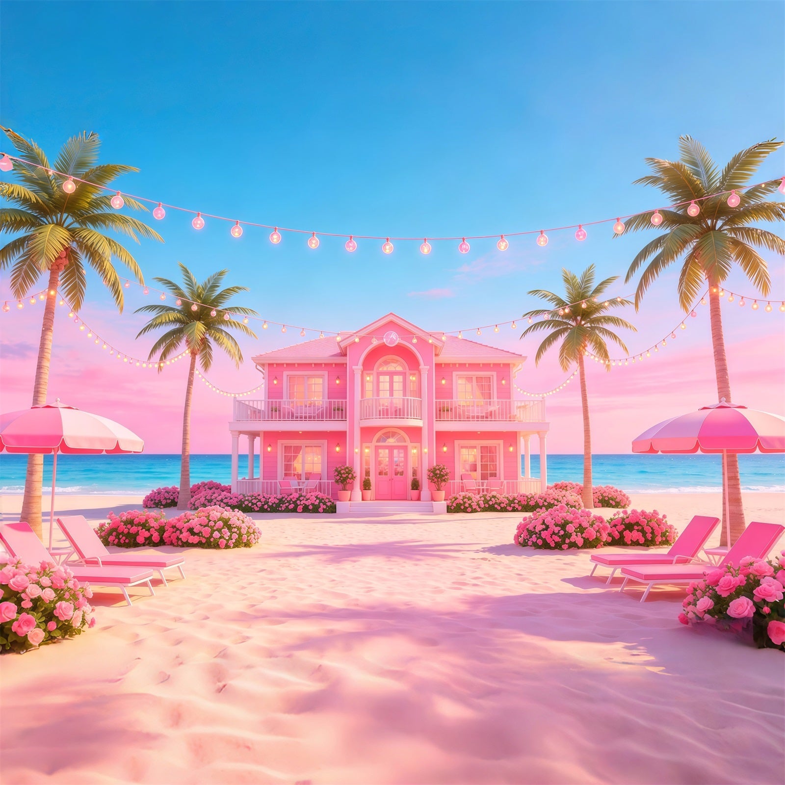 Fond Plage Villa Côtière Rose Guirlandes Lumineuses CSH64-92