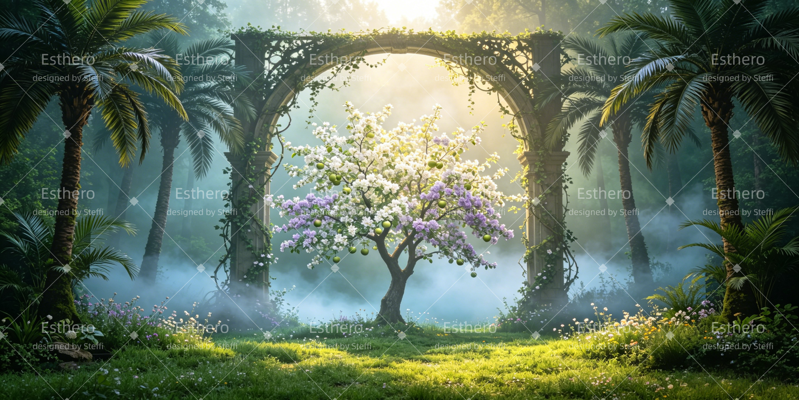 Toile de fond Jardin d’Éden jardin tropical arche arbre en fleurs décor VBS CSH64-T10