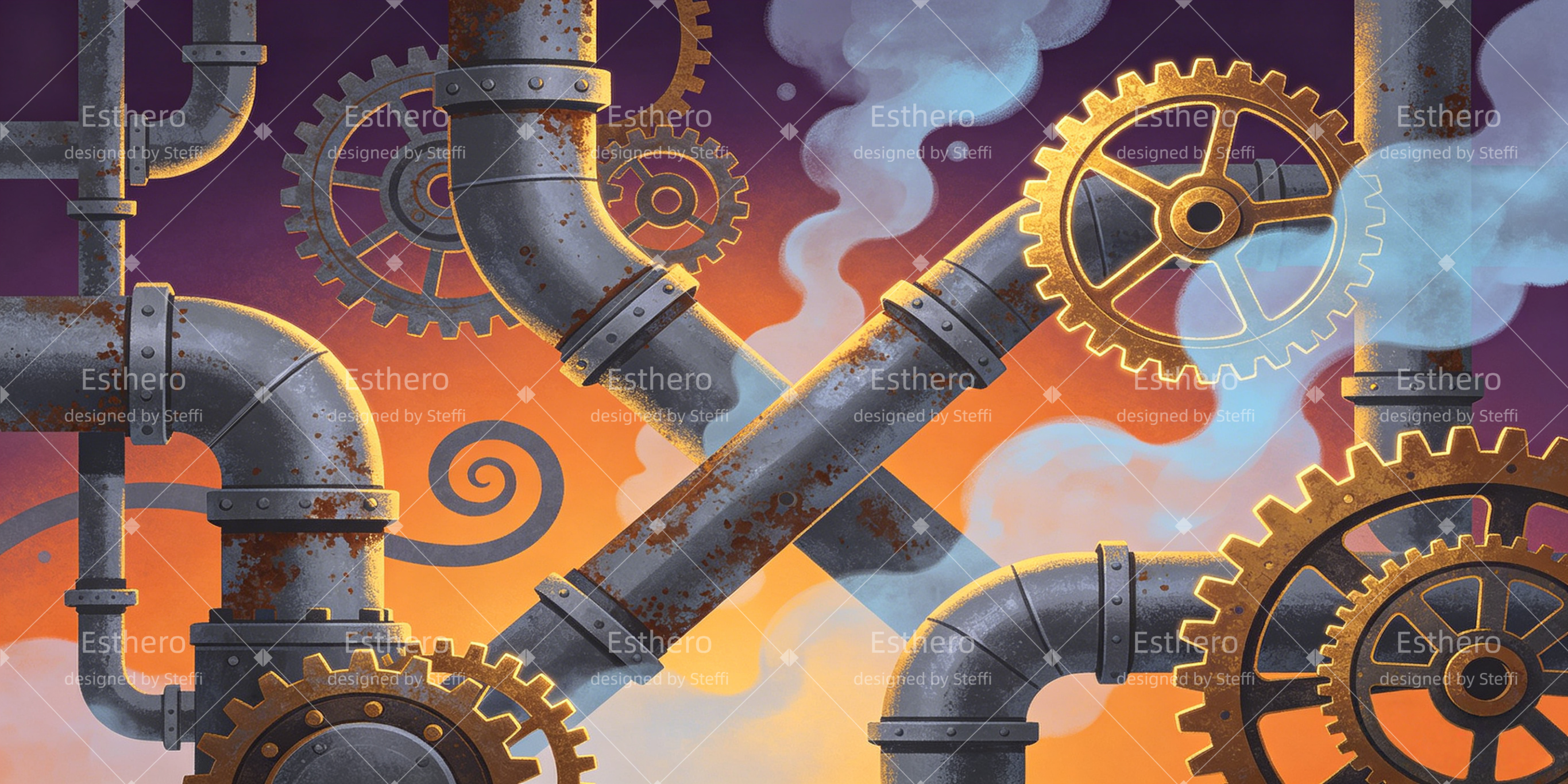 Toile de fond Steampunk engrenages rouillés tuyauterie vapeur décor VBS CSH64-T7
