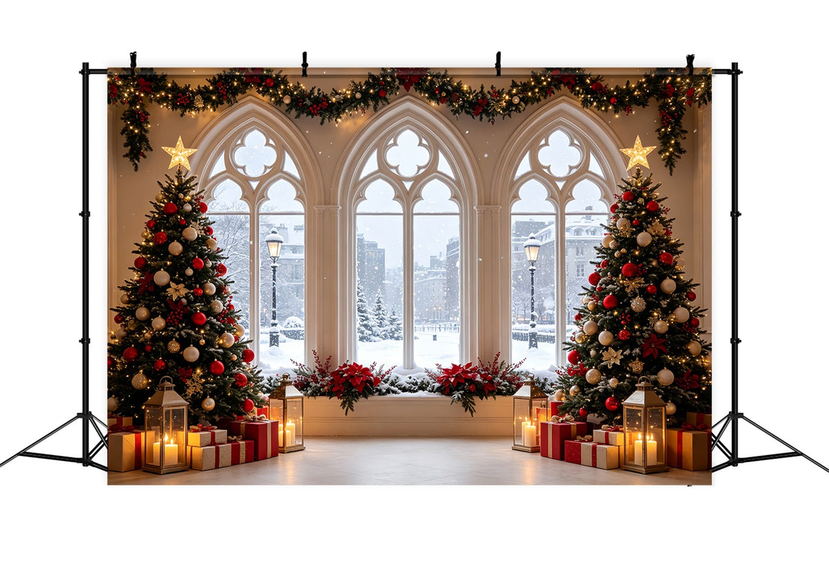 Décor De Vitrine De Noël Arbres De Fenêtre Gothiques Enneigés Grandes Toiles De Fond De Noël CSH68-61