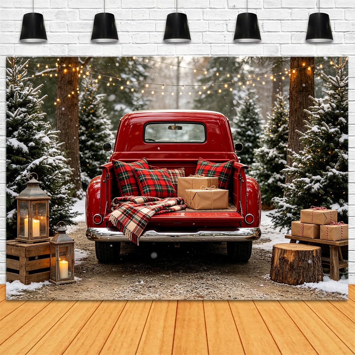 Fond De Camion De Noël Forêt De Camions À Carreaux Rouges Grand Décor De Noël CSH68-64