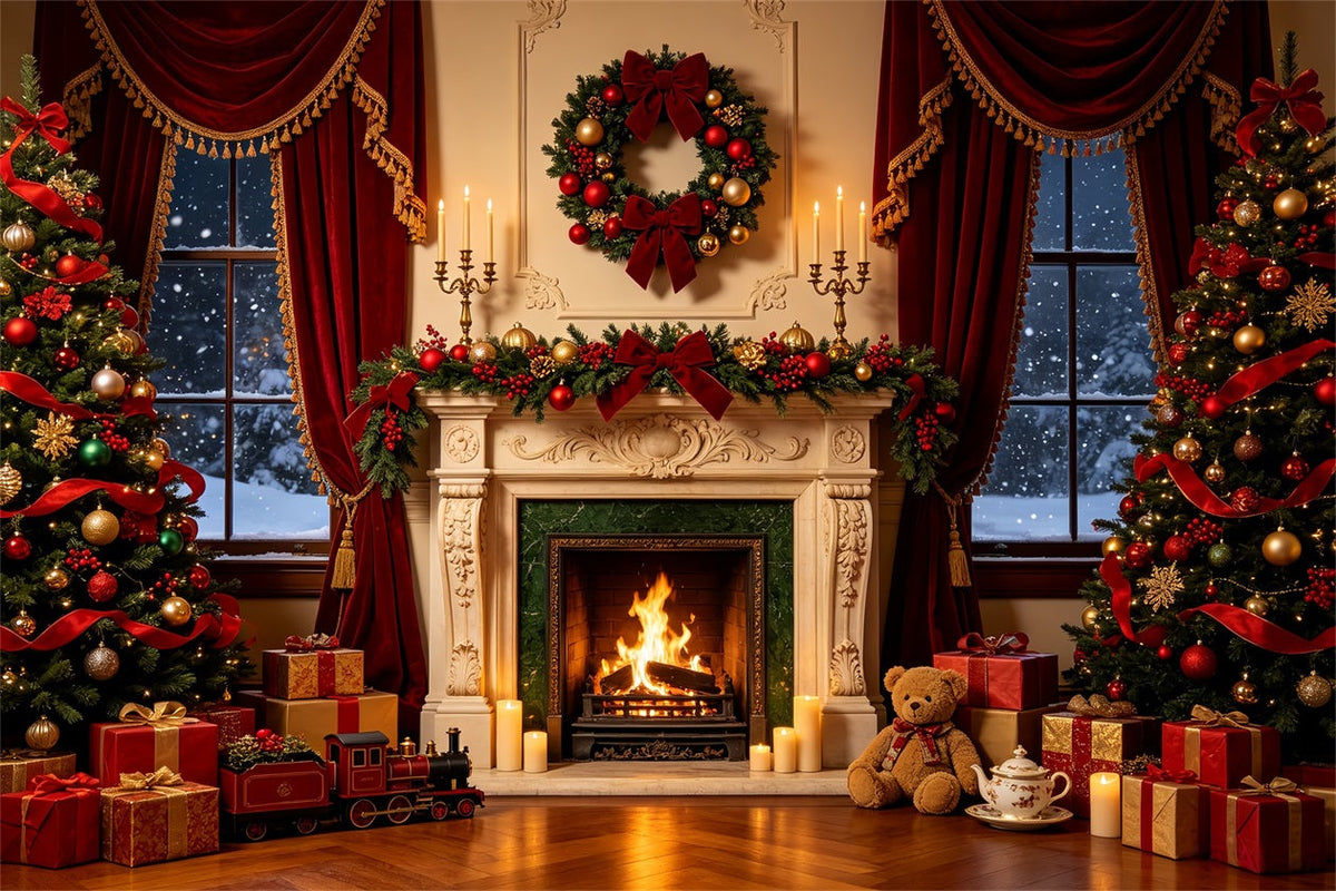 Fond De Cheminée De Noël Décoration De Ruban De Luxe Pour Fenêtre Fond Photographique De Noël CSH68-71