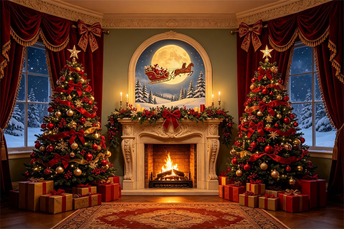 Décor De Noël Victorien Arbres Au Clair De Lune Et Cheminée Fond Photo De Noël CSH68-74