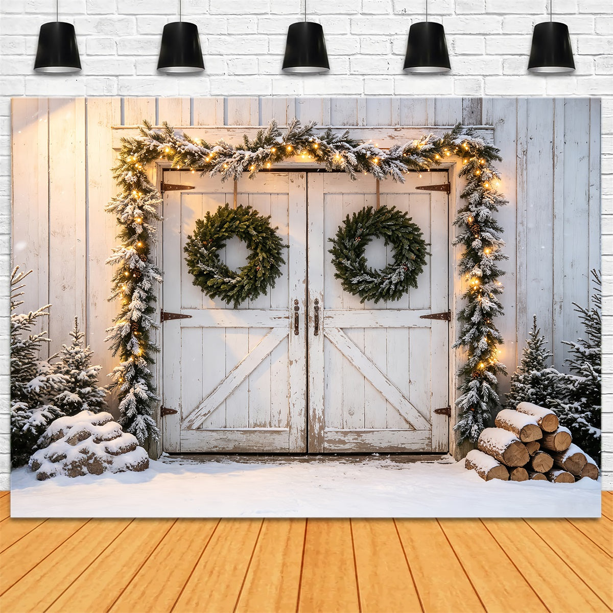 Décor De Noël De Porte De Grange Guirlande De Porte De Grange Enneigée Fond Mural De Noël CSH68-79