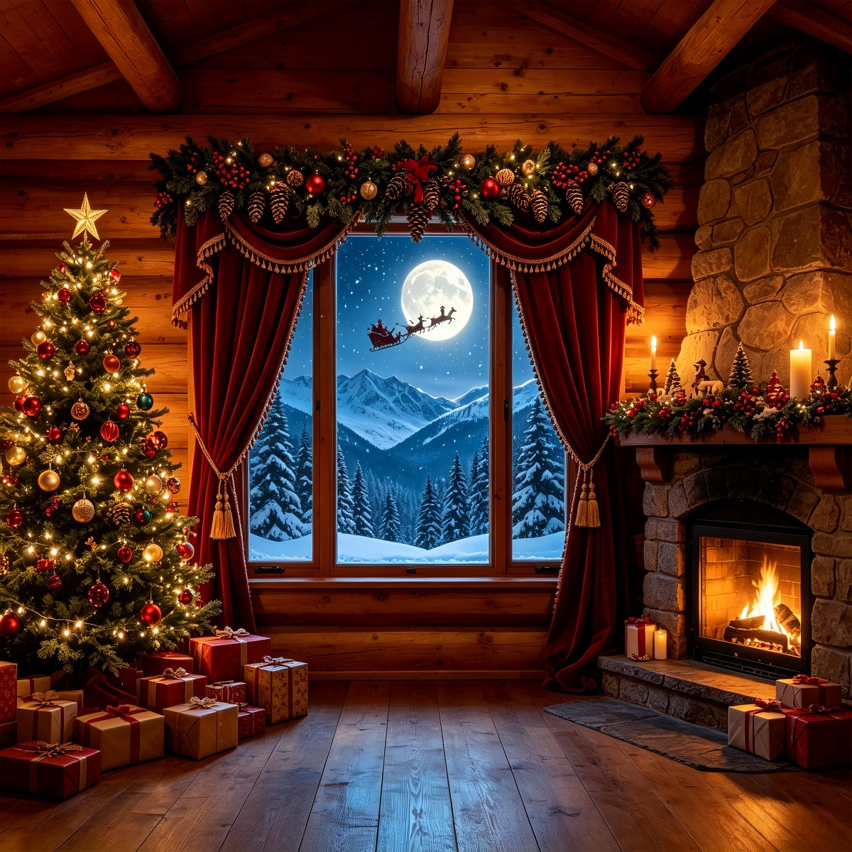Décor De Cabane De Noël Fenêtre Sur La Montagne Dans Une Cabane Rustique Fond De Noël Professionnel CSH68-83