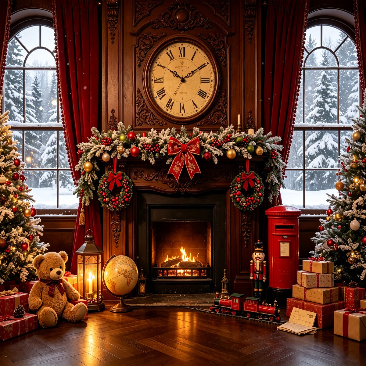 Décor De Noël Vintage Pièce Avec Horloge Et Cheminée Vintage Décors Photographiques De Noël CSH68-87