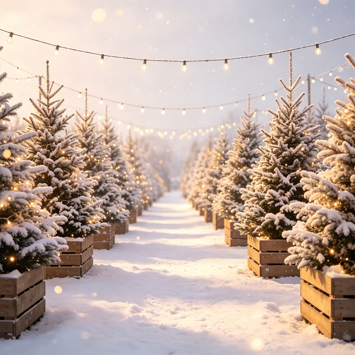 Décor De Ferme De Sapins De Noël Chemin Lumineux Du Pin Enneigé Fond Photo De Noël CSH68-97
