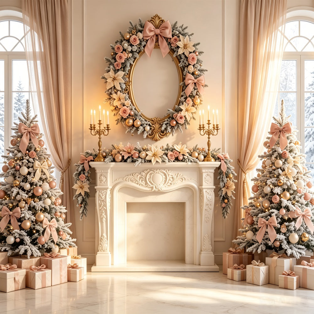 Décor De Noël Élégant Décoration De Cheminée Florale Rose Poudré Fond Photo De Noël CSH69-11